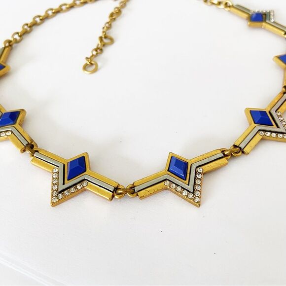 J Crew gold - 2 tone blue rhinestone collar statement necklace 16-20” adjustable - Picture 2 of 6